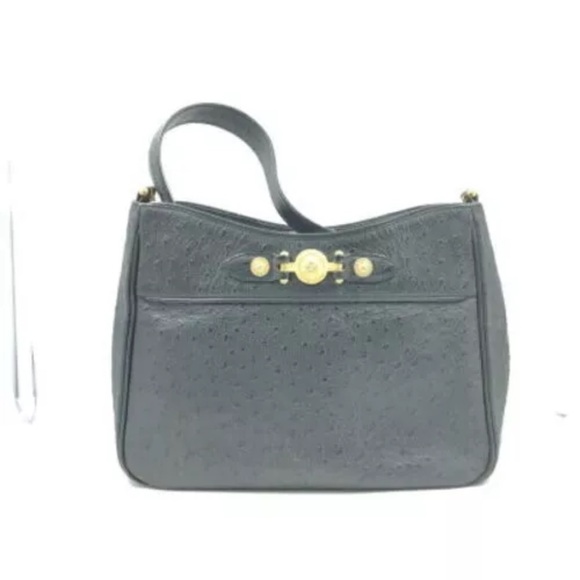Versace Black Shoulder Bag Real Ostrich Leather & Sunburst Medusa Medallians - Picture 2 of 12
